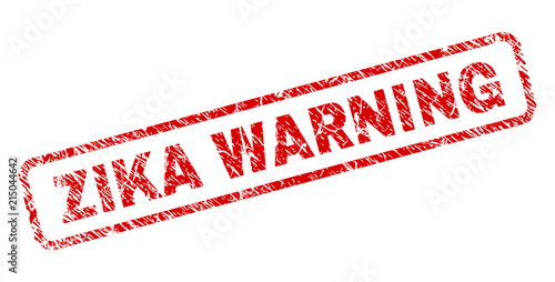 ZIKA WARNING stamp seal print with distress style. Red vector rubber print of ZIKA WARNING caption with retro texture. Text caption is placed inside rounded rectangle frame.