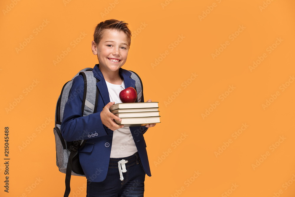 Little school boy with backpack and books. - obrazy, fototapety, plakaty 