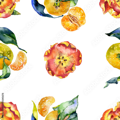 Fototapeta Naklejka Na Ścianę i Meble -  Red, beautiful, spring, decorative tulip flowers. Southern, tropical, tasty, aromatic, citrus tangerines. Watercolor. Illustration