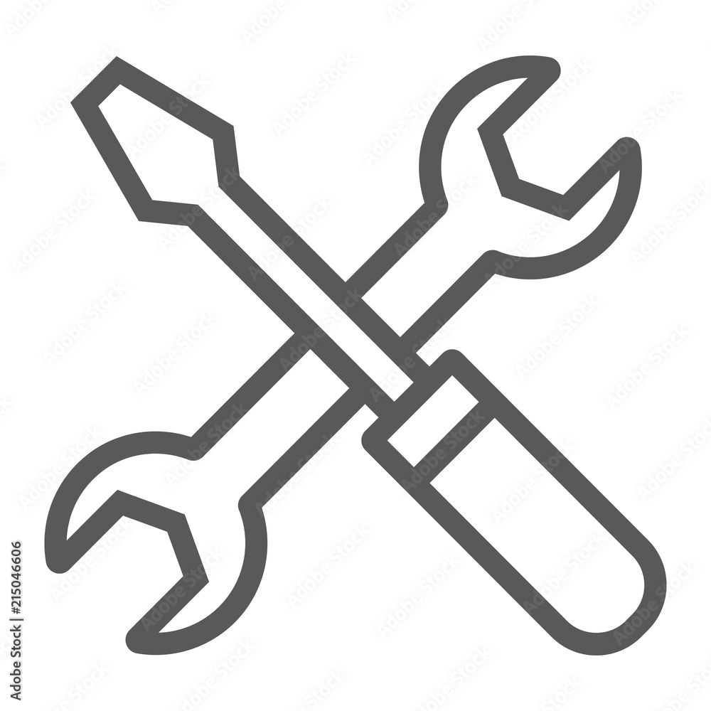 Screwdriver and wrench line icon, settings and repair, service sign, vector graphics, a linear pattern on a white background, eps 10. Screwdriver and wrench line icon, settings and repair, service sign, vector graphics, a linear pattern on a white background, eps 10.