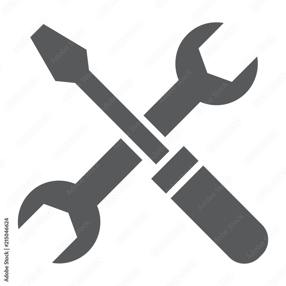 Screwdriver and wrench glyph icon, settings and repair, service sign, vector graphics, a solid pattern on a white background, eps 10. Screwdriver and wrench glyph icon, settings and repair, service sign, vector graphics, a solid pattern on a white background, eps 10.