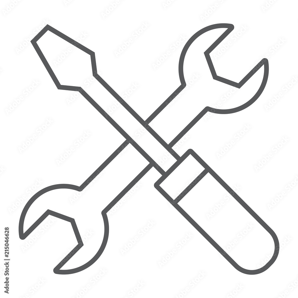 Screwdriver and wrench thin line icon, settings and repair, service sign, vector graphics, a linear pattern on a white background, eps 10. Screwdriver and wrench thin line icon, settings and repair, service sign, vector graphics, a linear pattern on a white background, eps 10.