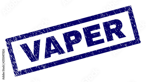 Rectangle VAPER seal print with corroded texture. Rubber seal imitation has rectangle frame. Blue vector rubber print of VAPER label with grunge texture.
