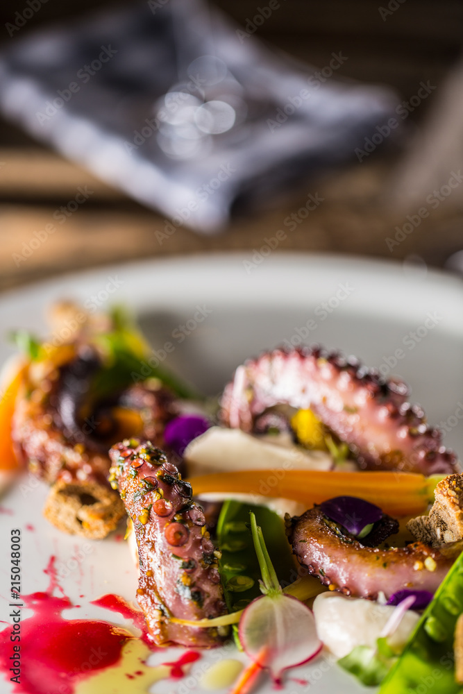 Octopus with vegetable salad on white plate.
