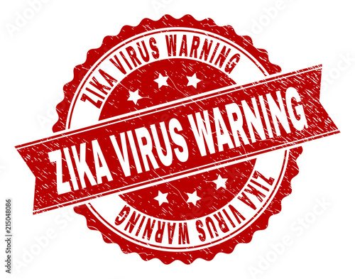 ZIKA VIRUS WARNING seal print with corroded texture. Rubber seal imitation has circle medal form and contains ribbon. Red vector rubber print of ZIKA VIRUS WARNING tag with unclean texture.