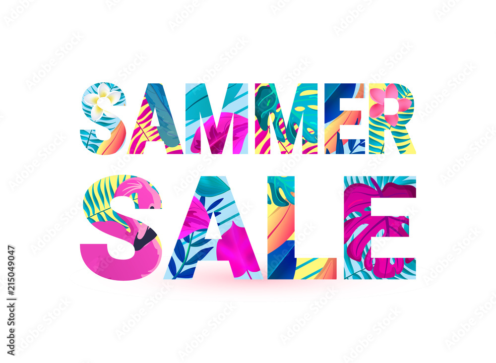 SUMMER SALE typography design. Retro tropical letters with frangipani flowers, palm leaves and flamingo bird. SUMMER SALE typography design. Retro tropical letters with frangipani flowers, palm leaves and flamingo bird.
