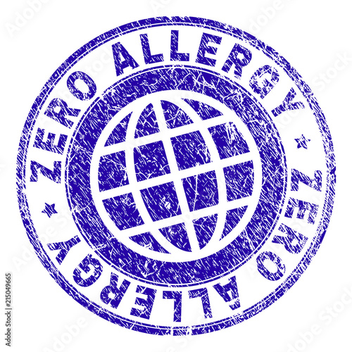 ZERO ALLERGY stamp print with distress texture. Blue vector rubber seal print of ZERO ALLERGY title with grunge texture. Seal has words arranged by circle and planet symbol.