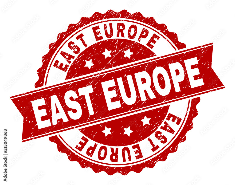 EAST EUROPE seal print with distress texture. Rubber seal imitation has round medallion shape and contains ribbon. Red vector rubber print of EAST EUROPE title with unclean texture. EAST EUROPE seal print with distress texture. Rubber seal imitation has round medallion shape and contains ribbon. Red vector rubber print of EAST EUROPE title with unclean texture.
