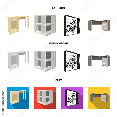 Dressing table, corner shelves, computer desk, wardrobe with glass. Bedroom furniture set collection icons in cartoon,flat,monochrome style vector symbol stock illustration web.