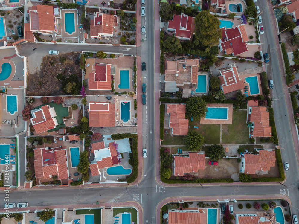 Drone Aerial Above Houses With Pools Spain Balearic Island Menorca