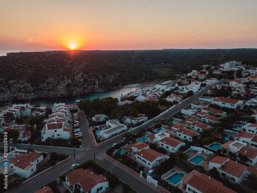 Sunset Balearic Island Aerial Drone Above Yachts Blue Water Menorca