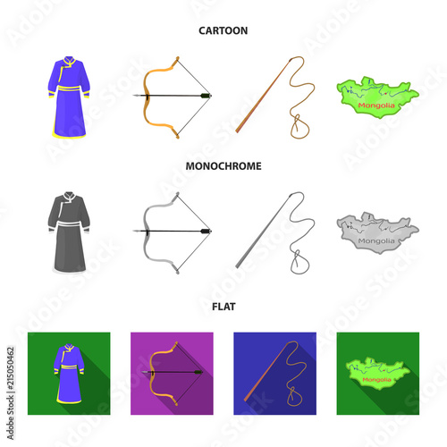 .mongol dressing gown, battle bow, theria on the map, Urga, Khlyst. Mongolia set collection icons in cartoon,flat,monochrome style vector symbol stock illustration web.