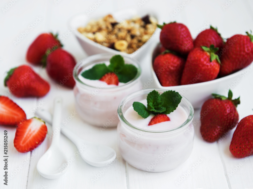 healthy breakfast, yogurt, fresh strawberries and granola healthy breakfast, yogurt, fresh strawberries and granola