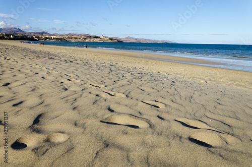 Sandy beach of Costa Calma  Fuereventura  Canary Islands with wind traces and footprints in the sand