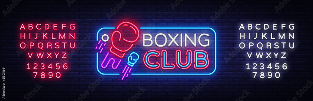 Obraz premium Boxing Club neon sign vector. Boxing Night Design template neon sign, Fight light banner, neon signboard, modern trend design, nightly advertising, light inscription. Vector. Editing text neon sign
