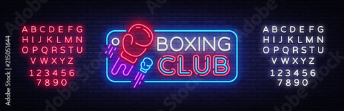 Boxing Club neon sign vector. Boxing Night Design template neon sign, Fight light banner, neon signboard, modern trend design, nightly advertising, light inscription. Vector. Editing text neon sign