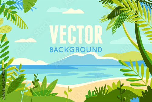 Vector illustration in trendy flat and linear style - background with copy space for text - plants  leaves  palm trees and sky - beach landscape