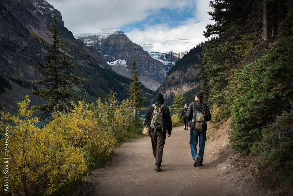 Hiking at Plain of Six Glaciers track from Lake Louise in Banff National Park