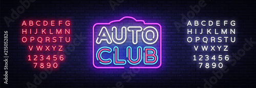 Auto Club neon sign vector. Car Service design template neon sign, light banner, neon signboard, nightly bright advertising, light inscription. Vector illustration. Editing text neon sign