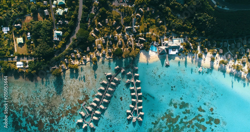 hotel with overwater bungalow in a lagoon in French Polynesia