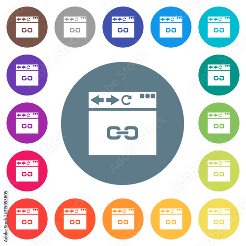 Browser link flat white icons on round color backgrounds