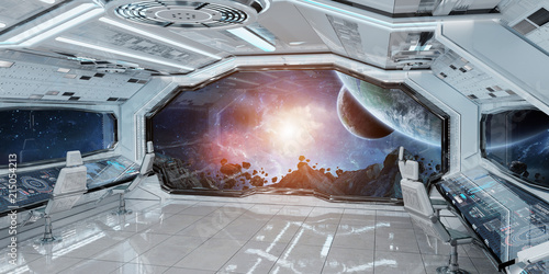 Fototapeta Naklejka Na Ścianę i Meble -  White clean spaceship interior with view on planet Earth 3D rendering