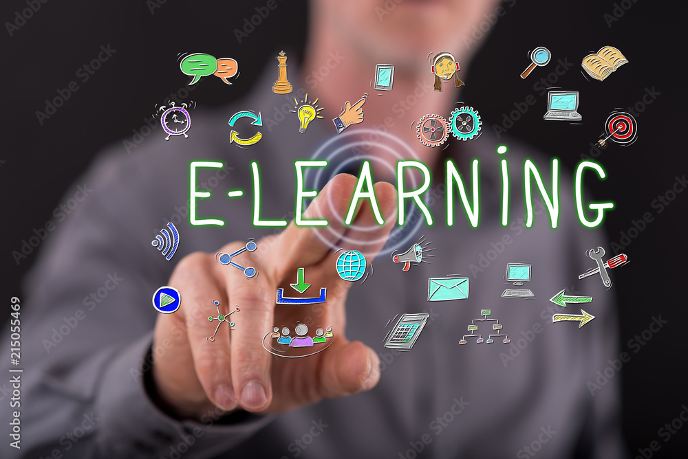 Man touching an e-learning concept Man touching an e-learning concept