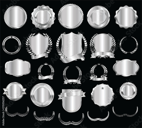 silver shields laurel wreaths and badges vector collection