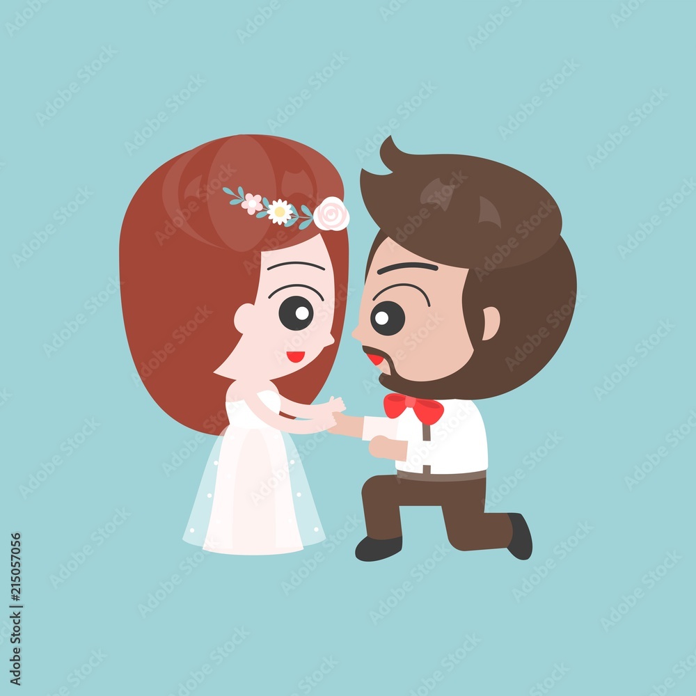 Kneeling Groom and bride asking marriage, cute character for use as wedding invitation card or backdrop Kneeling Groom and bride asking marriage, cute character for use as wedding invitation card or backdrop
