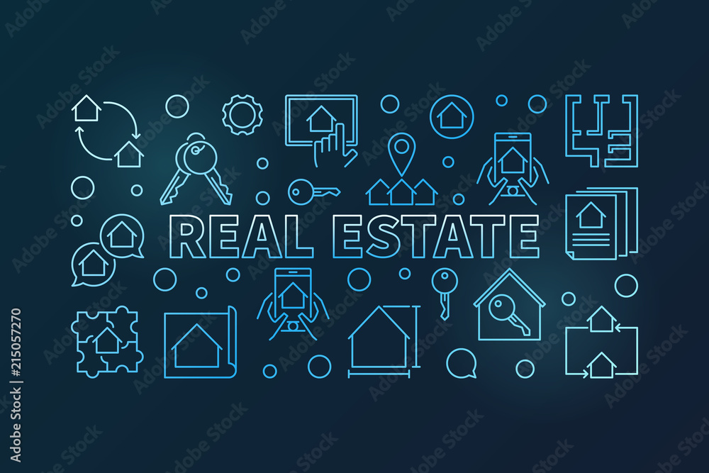 Fototapeta premium Real Estate vector blue outline horizontal banner