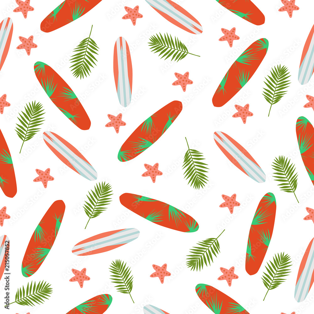 Fototapeta premium Sea seamless pattern with surfboards, palm leaf and starfish on background. Vector illustration as fabric, textile, clothes.