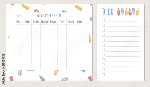 Stylish weekly planner with colorful textured scribbles and hatches. Vector hand drawn planner. Creative to do list.