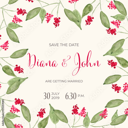 Beautiful wedding invitation with watercolor flowers. Save de date card