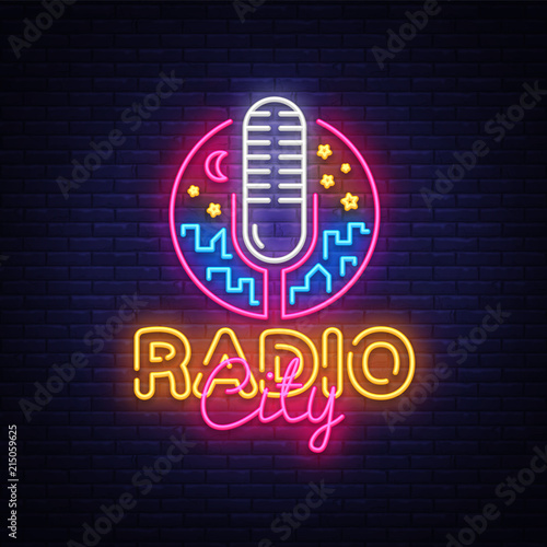 Radio Neon Logo Vector. Radio City neon sign, design template, modern trend design, night neon signboard, night bright advertising, light banner, light art. Vector illustration