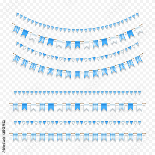 Collection of blue and white garlands. Set of realistic garlands with traditional Oktoberfest colors isolated on transparent background. Vector illustration.