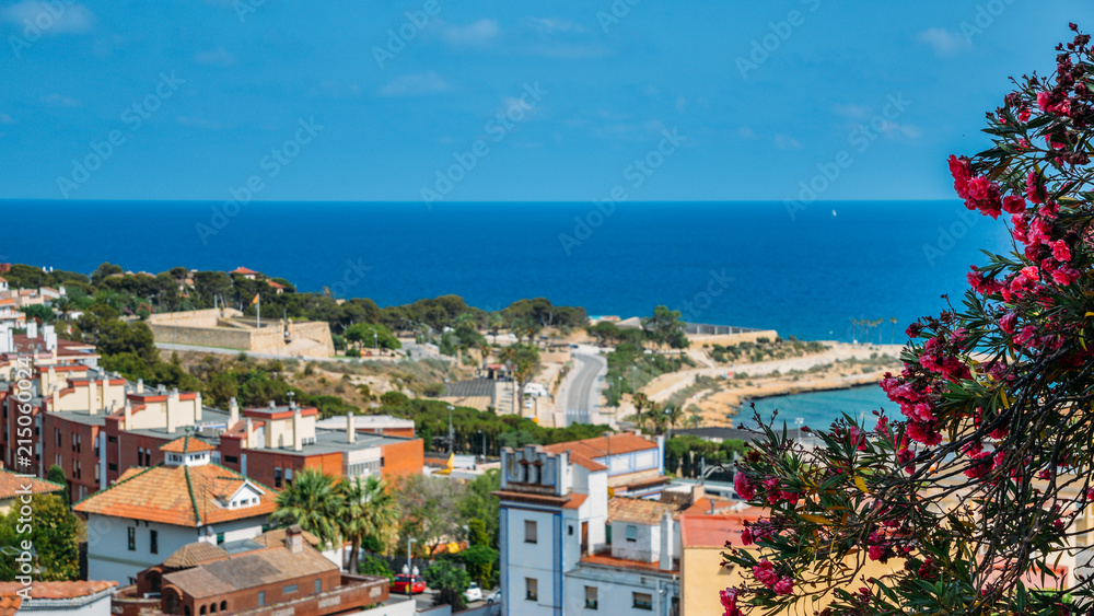 View towards the Miracle Beach and surrounding Mediterranean Sea in Tarragona, Catalonia, Spain