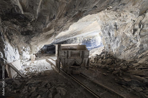 Mining trolley in a tunnel of an abandoned lime mine in Switzerland