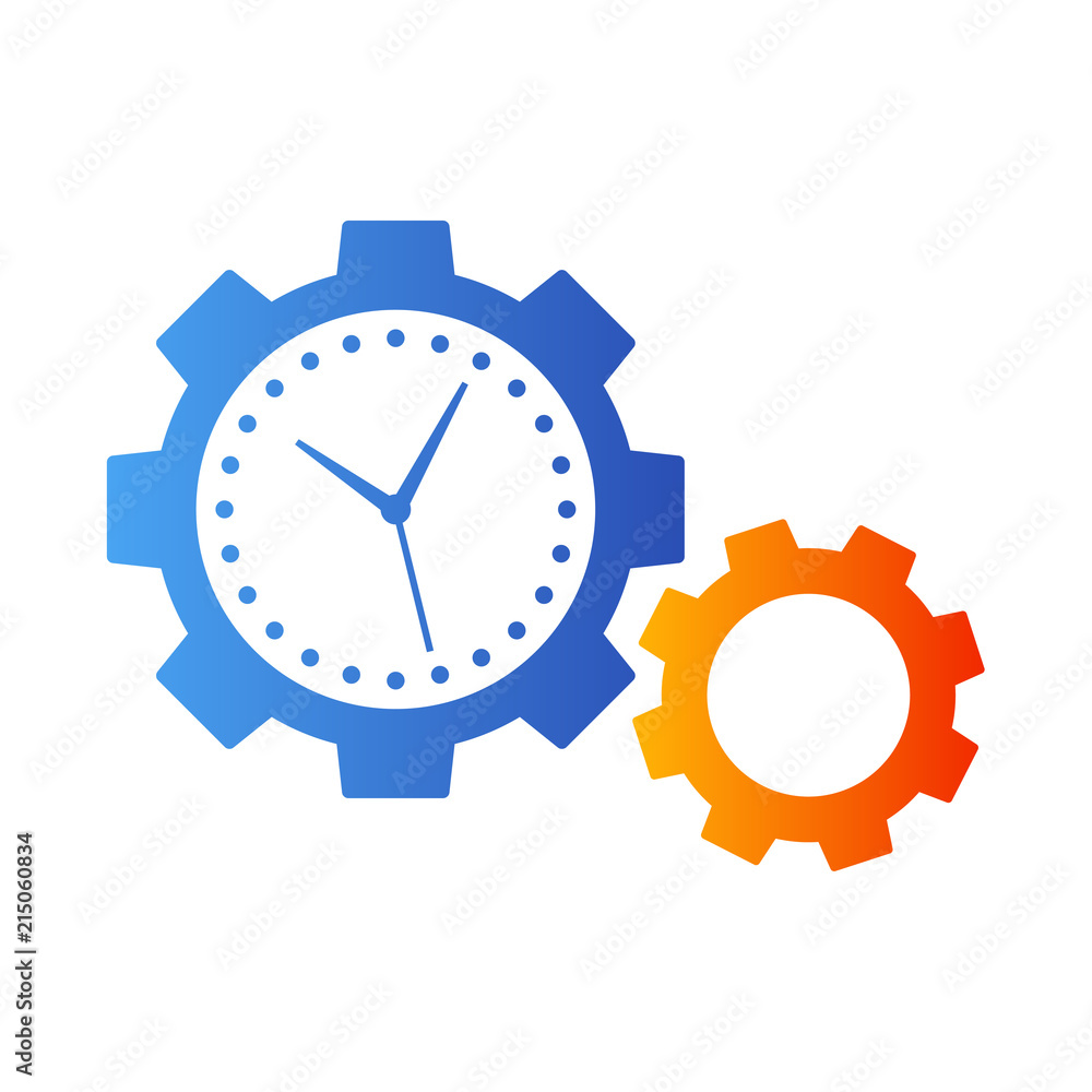 Icono plano dos engranajes con manecillas reloj en azul y naranja Icono plano dos engranajes con manecillas reloj en azul y naranja