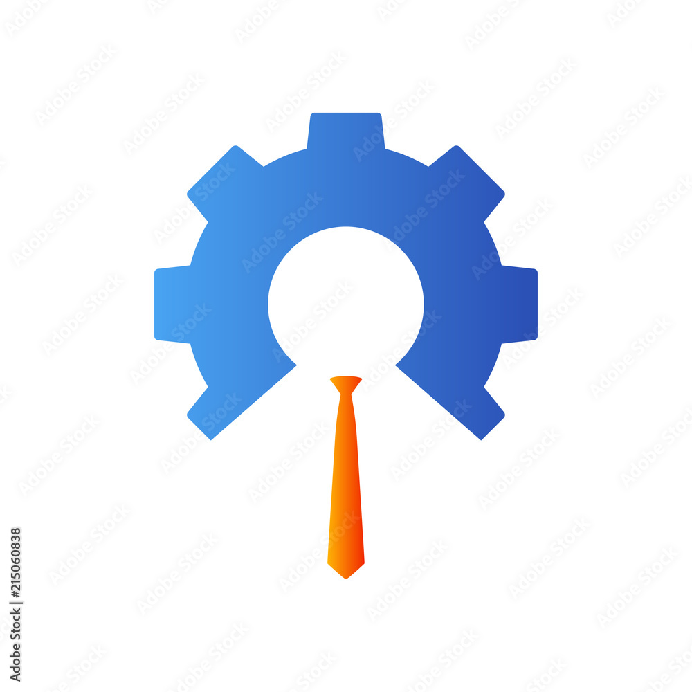 Icono plano engranaje con corbata en azul y naranja Icono plano engranaje con corbata en azul y naranja