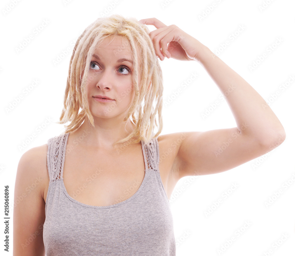 young woman with blonde dreadlocks thinking and looking up young woman with blonde dreadlocks thinking and looking up