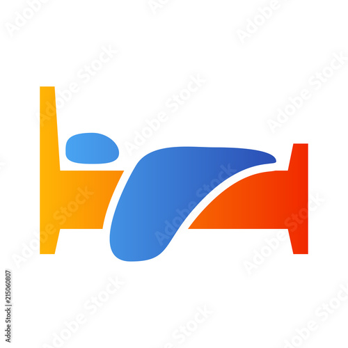 Icono plano cama de hotel en azul y naranja