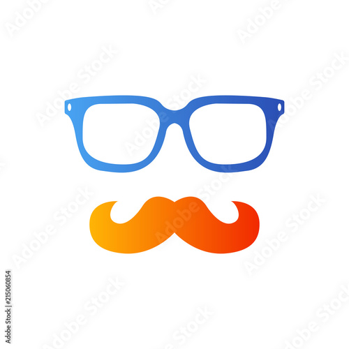 Icono plano abstracto gafas y bigote hipster en azul y naranja