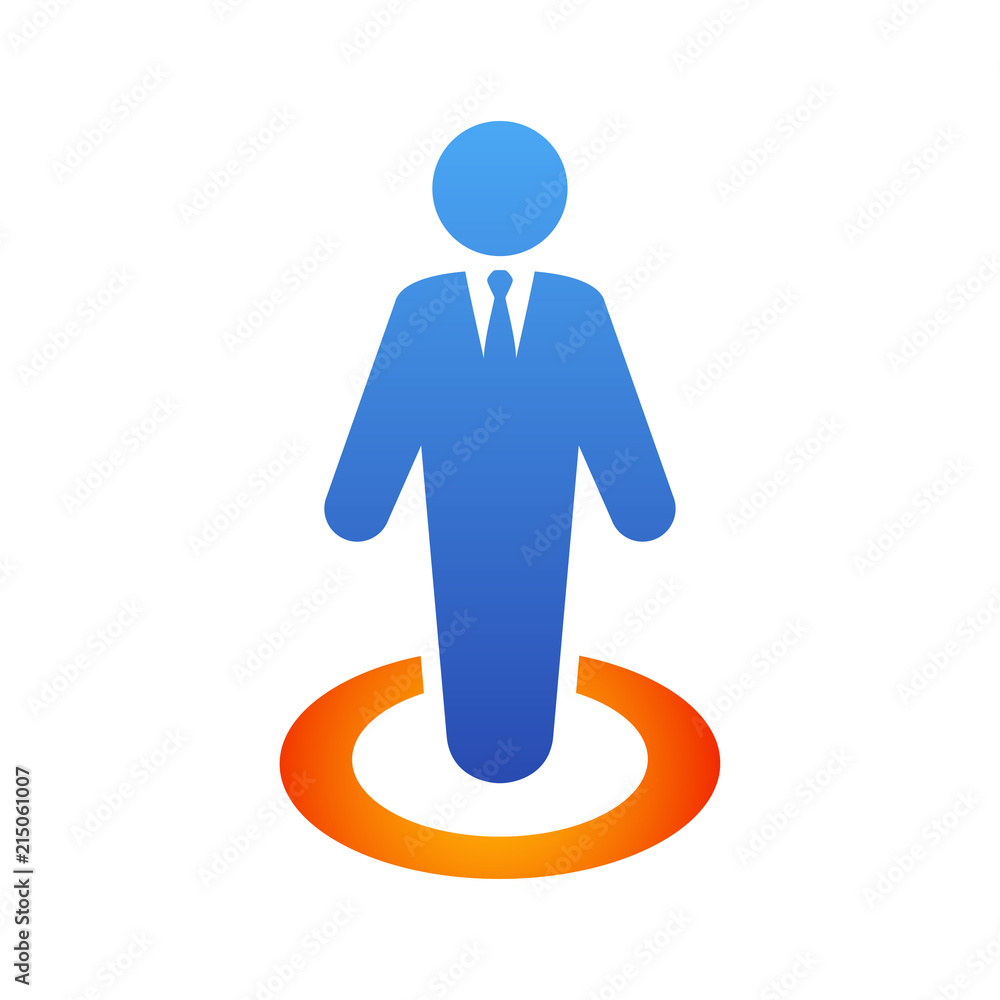 Icono plano hombre en círculo en perspectiva en azul y naranja Icono plano hombre en círculo en perspectiva en azul y naranja