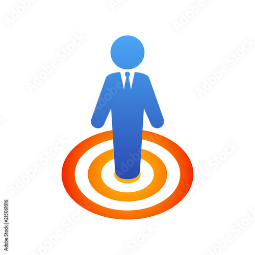 Icono plano hombre negocios de pie en diana en azul y naranja