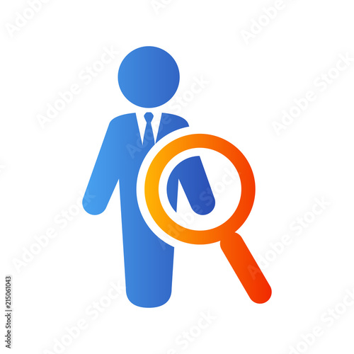 Icono plano lupa con hombre de negocios en azul y naranja