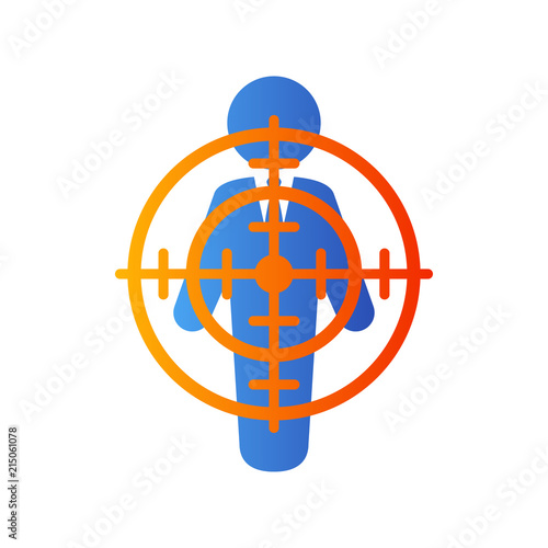 Icono plano target en hombre negocios de pie en azul y naranja