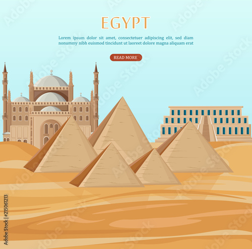 Egypt pyramids card background Vector. Desert view and mosque architecture poster templates