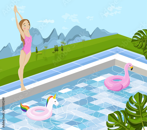Girl jumping in a pool Vector summer background cartoon illustrations