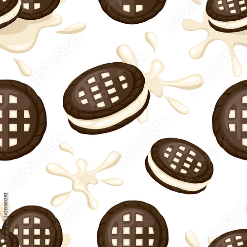 Seamless pattern. Sandwich cookies. Chocolate cookies with vanilla cream flow. Cracker drop in milk splash. Food and sweets, baking and cooking theme. Flat vector illustration on white background