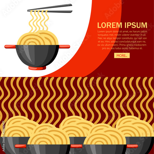 Bowl with ramen noodles. Asian food. Black bowl with red handle. Big group of bowls with noodles. Flat vector illustration on textured background. Concept design for website or advertising photo